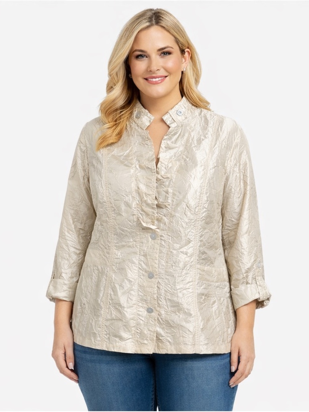 Chico’s Crinkle Ruffle Jacket Champagne Button Front XL Size 3 Lightweight